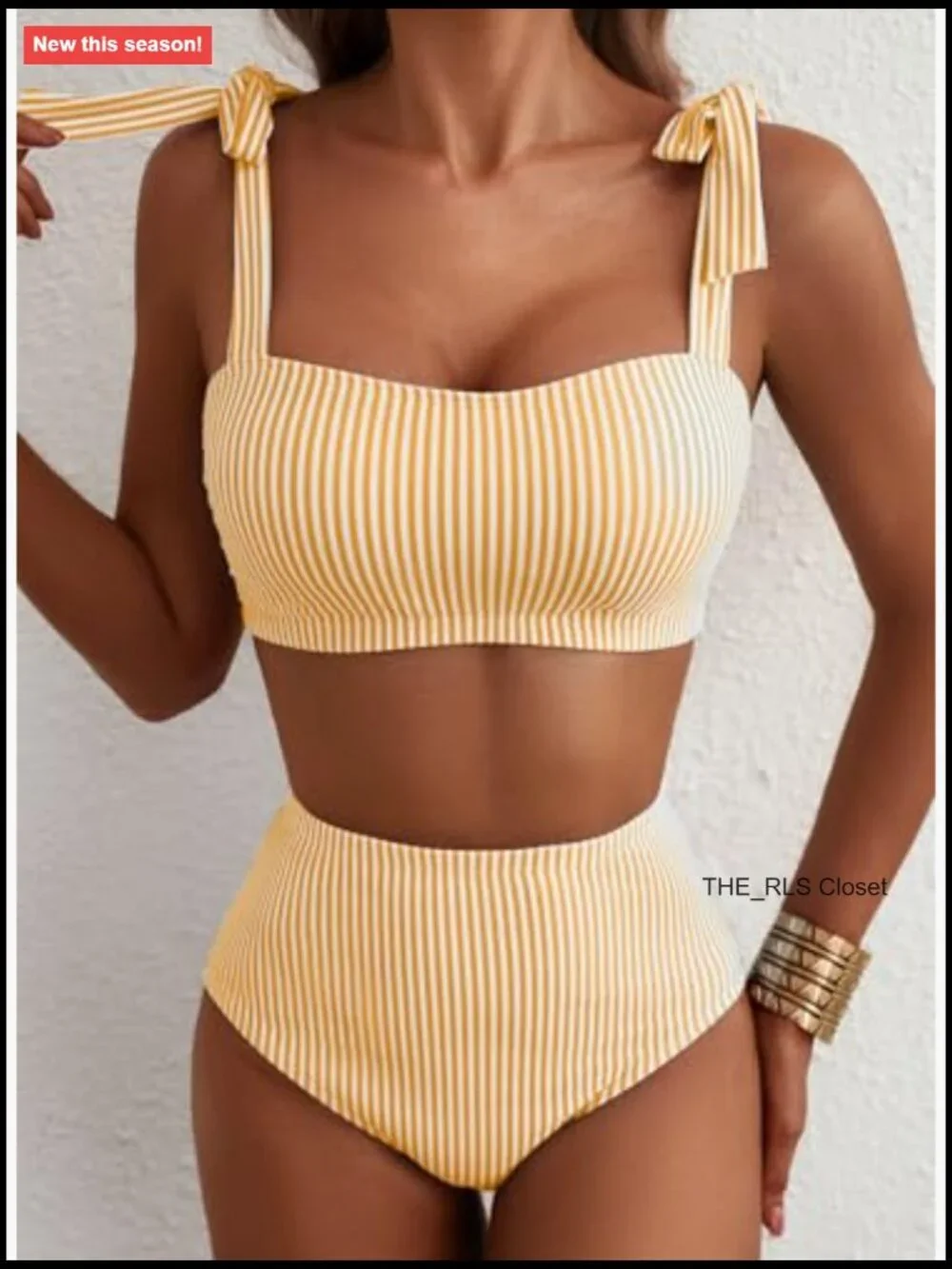 Women's Tie Shoulder Bikini Set High Waisted Striped Swimsuits 2 Piece